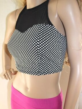 NWT Bebe 2b black white dot mesh cropped top